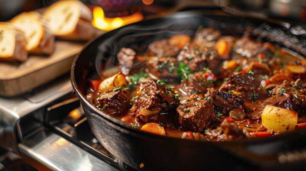 Ein dampfender Topf mit Carbonnade Flamande, einem traditionellen belgischen Rindereintopf, gekocht mit Bier und serviert mit frischem Brot, in einer typischen Brüsseler Gaststätte.