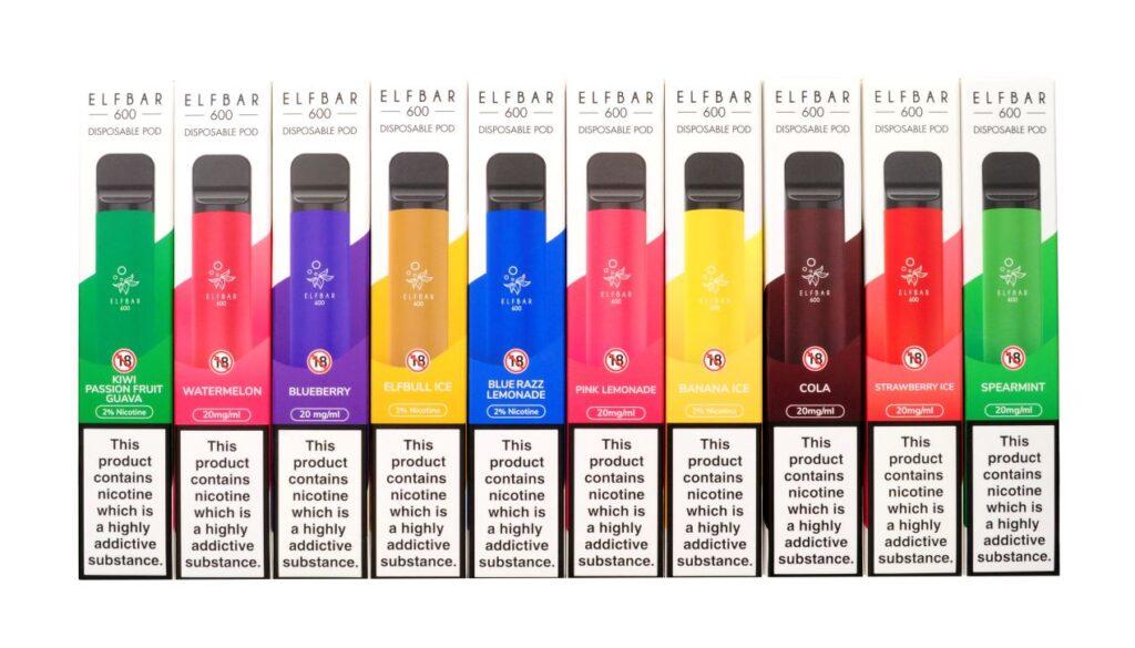 Elfbar 600 Einweg-Vapes in einer Auswahl von Geschmacksrichtungen wie Blueberry, Watermelon, Cola und mehr.